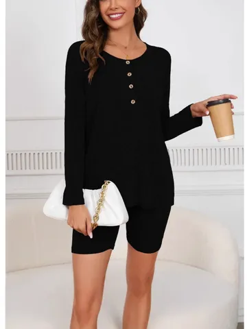 Γυναικείο Σετ Loungewear με Ριμπ Πλέξη Μακρυμάνικο Τοπ Henley και Σορτς Τοπ και Κάτω Μέρος Casual Φόρμα Αθλητικά Ρούχα Σετ Loungewear Δύο Τεμαχίων