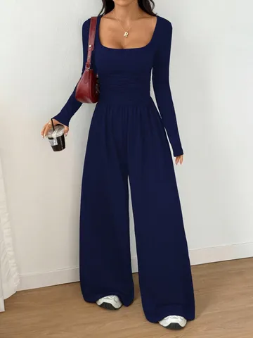 Women Fashion Square Neck Long Sleeve Jumpsuit Solid Color Wide Leg Jumpsuits Slim Waist Knitted Polyester One Piece Romper