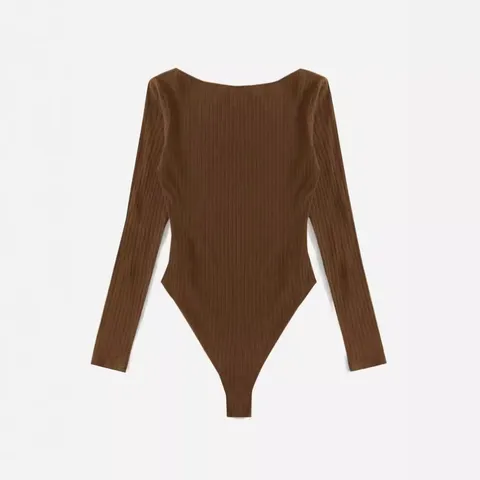 Women's Sexy Ribbed Bodysuit Crew Neck Long Sleeve Slim Fit Bodycon Top Spring Summer Solid Color Ribbed Knit Jumpsuit