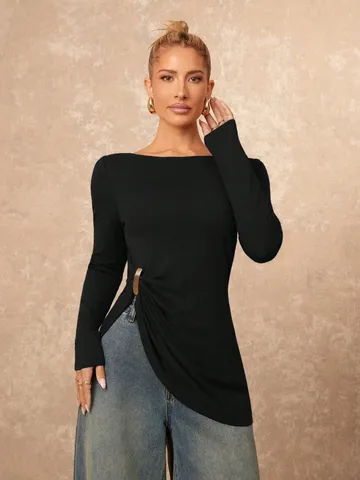 Women Polyester Long Sleeve T-Shirt Irregular Metal Buckle Side Slit Slim Fit Elegant Casual Knitted Top Solid Color Party Daily Wear