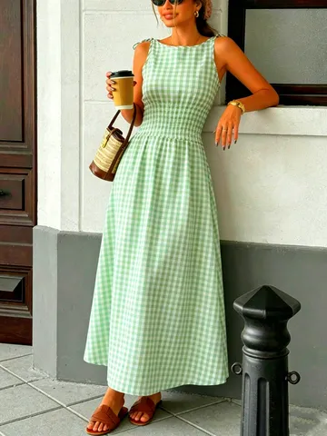 Women Fashion Plaid Printed Smocked Waist Midi Dress Summer Sleeveless Round Neck Slim Fit Casual Sun Dress Vacation Beachwear