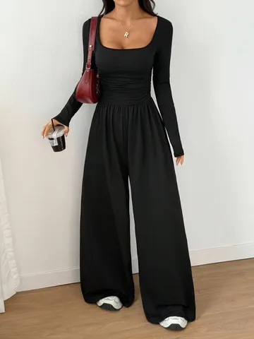 Women Fashion Square Neck Long Sleeve Jumpsuit Solid Color Wide Leg Jumpsuits Slim Waist Knitted Polyester One Piece Romper