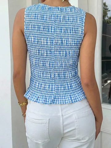 Damen Elegant Smoken Kariert Tanktop Ärmellos Rundhals Schlanke Passform Rüschen Sommer Cami Top Freizeit Vintage Polyester Baumwolle Weste