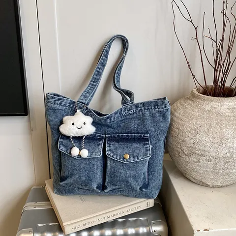 Women Large Capacity Denim Tote Bag Casual Washed Shoulder Handbag Double Front Pockets Daily Top-Handle Messenger Student School Bag