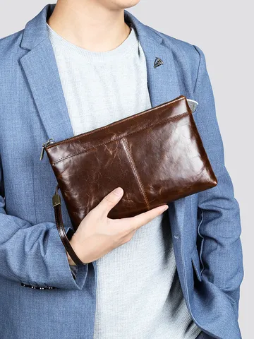 Vintage Zakelijke Koeienhuid Heren Clutch Tas Slijtvaste Rits Casual Pols Portemonnee Grote Capaciteit Handtas