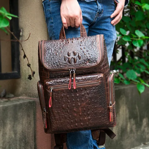 Heren Echt Lederen Rugzak Vintage Zakelijke Laptop Tas Casual Reizen Rugzak Met Alligatormotief