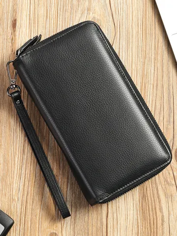 Pochette da Uomo in Vera Pelle Vintage Business Portafoglio Lungo Con Cinturino da Polso Scomparti Multi-Carta Portamonete