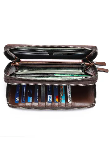 Pochette da Uomo in Vera Pelle Vintage Business Portafoglio Lungo Con Cinturino da Polso Scomparti Multi-Carta Portamonete
