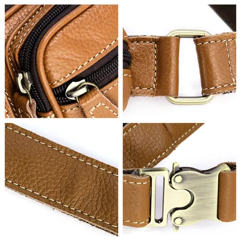 Echt Leder Heren Borstas Vintage Casual Effen Kleur Meerdere Zakken Crossbody Heuptas Outdoor Reis Schoudertas