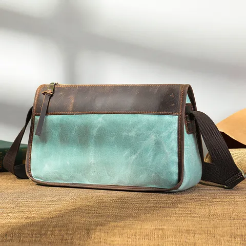 Heren Canvas En Crazy Horse Leer Schoudertas Waterdicht Slijtvast Grote Capaciteit Commuter Crossbody Tas