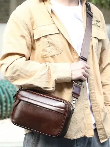 Heren Echt Lederen Schoudertas Business Casual Effen Kleur Schoudertas Met Stiksels Reistas