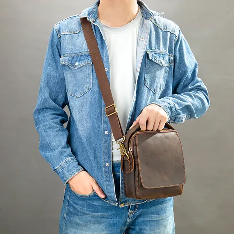 Sac Bandoulière en Cuir Véritable pour Homme Vintage Cuir Crazy Horse Sac à Main d'Affaires Léger Casual Petit Sac Messager