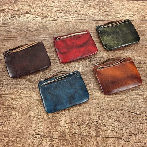 Echt Lederen Muntjesbeurs Vintage Mini Portemonnee Rits Kaarthouder En Sleuteletui Voor Dames En Heren Retro Stijl