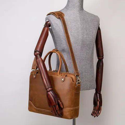Heren Vintage Crazy Horse Leren Aktetas Zakelijke Laptop Tas Waterdichte Koeienhuid Schoudertas