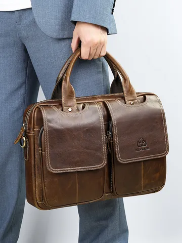 Heren Echt Lederen Aktetas Vintage Rundleer Zakelijke Laptoptas Grote Capaciteit Casual Schoudertas