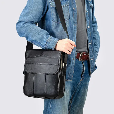 Bolso Bandolera de Cuero Genuino para Hombre Vintage Negocios Commuter Crossbody Bag Capa Superior Piel de Vaca Bolso Mensajero Casual