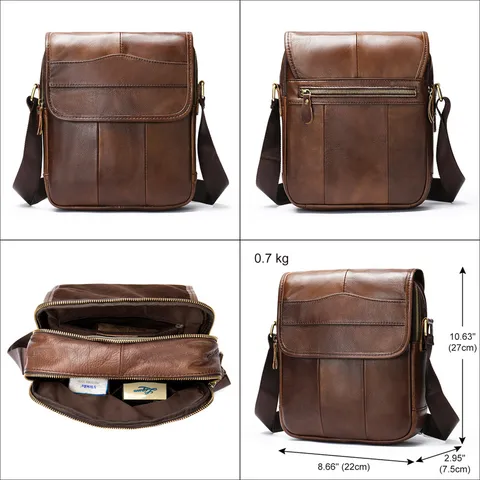 Bolso Bandolera de Cuero Genuino para Hombre Vintage Negocios Commuter Crossbody Bag Capa Superior Piel de Vaca Bolso Mensajero Casual
