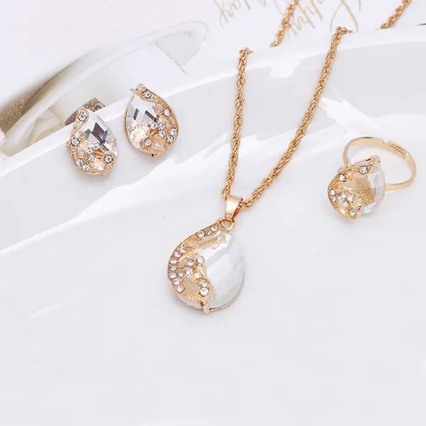 Vintage Legering Strass Pauw Sieradenset Opengewerkt Waterdruppel Kristal Ketting Oorbellen Open Ring Voor Vrouwen Banket Feest