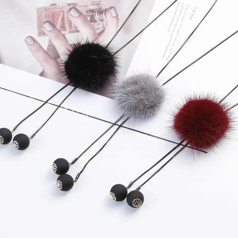 Mink Fur Ball Long Pendant Necklace For Women Winter Sweater Chain Faux Crystal Bowknot Tassel Jewelry Accessories Gift