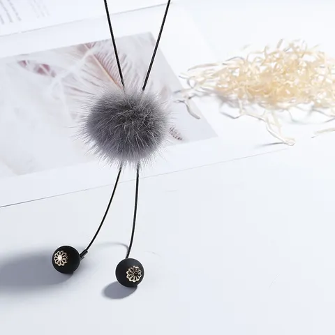 Mink Fur Ball Long Pendant Necklace For Women Winter Sweater Chain Faux Crystal Bowknot Tassel Jewelry Accessories Gift