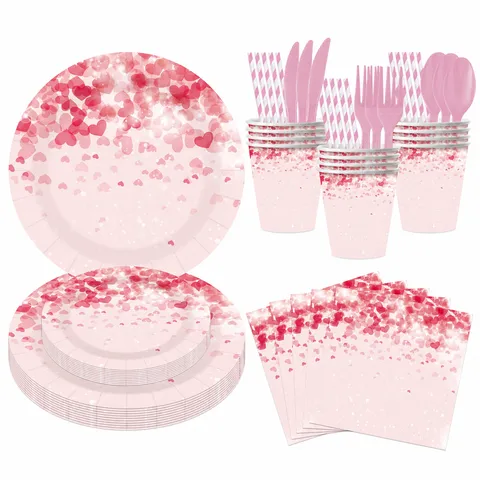 Stoviglie Monouso per Festa di San Valentino Cuore Rosa Piatti di Carta Bicchieri Tovaglioli Set di Posate per Matrimonio Compleanno