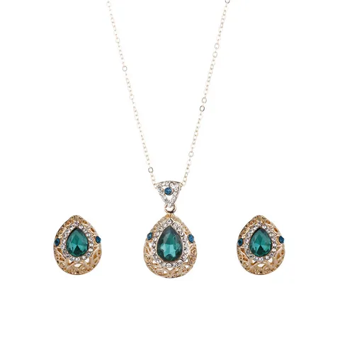 Vintage Palace Alloy Rhinestone Glass Waterdrop Pendant Necklace Earrings Jewelry Set Hollow Pattern Gold Plated Women Banquet Party Costume Accessories