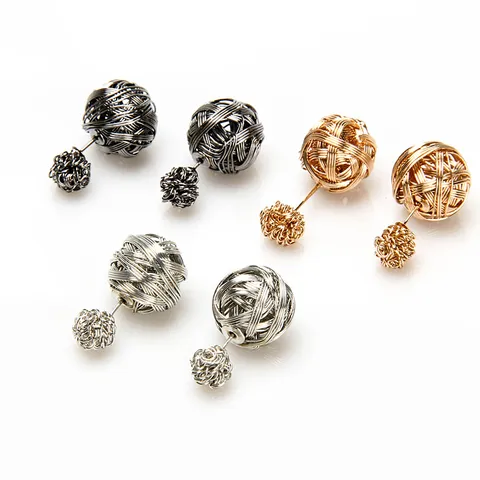 Fashion Alloy Brushed Hollow Wire Ball Double Sided Stud Earrings For Women Korean Style Gold Silver Gunmetal Geometric Ear Studs Jewelry Gift