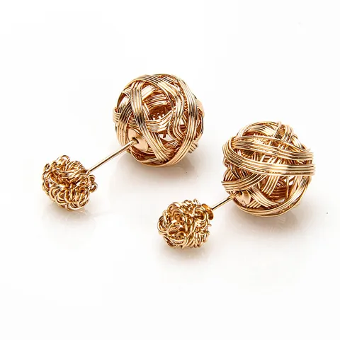Fashion Alloy Brushed Hollow Wire Ball Double Sided Stud Earrings For Women Korean Style Gold Silver Gunmetal Geometric Ear Studs Jewelry Gift