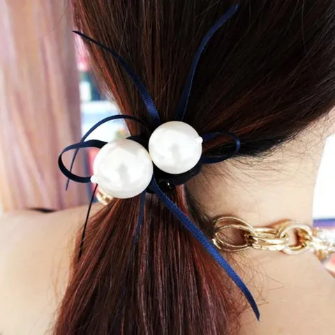Chouchou Style Coréen avec Nœud en Ruban et Gland en Perle Artificielle Attache Cheveux Élastique pour Femme Bijoux