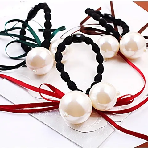 Chouchou Style Coréen avec Nœud en Ruban et Gland en Perle Artificielle Attache Cheveux Élastique pour Femme Bijoux