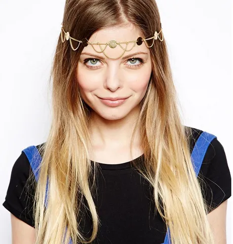 Diadema Multicapa de Cadena Cruzada de Aleación Exagerada Cadena de Frente con Lentejuelas Brillantes Accesorios para Cabello de Mujer Joyería de Boda