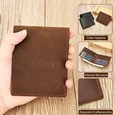 Heren Echt Leer Bifold Portemonnee Vintage Rundleer Kaarthouder Multifunctionele Kaartetui Portemonnee
