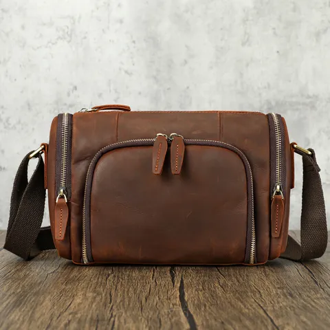 Retro Echt Leder Herens Schoudertas Grote Capaciteit Vintage Cilinder Crossbody Tas Casual Zakelijke Messenger Bag