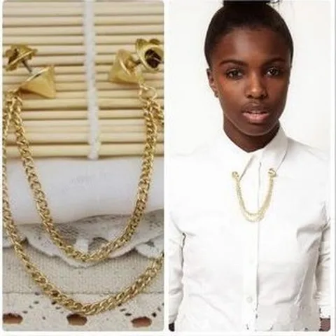 Punk Style Double Chain Shirt Collar Brooch For Women Men Exaggerated Rivet Collar Clip Fashion Jewelry Accessories Gift