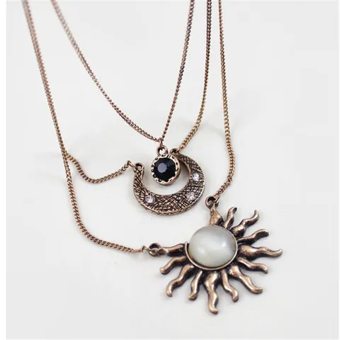 Vintage Alloy Rhinestone Sun Moon Multi Layer Necklace Long Sweater Chain for Women Bohemian Party Jewelry Gift