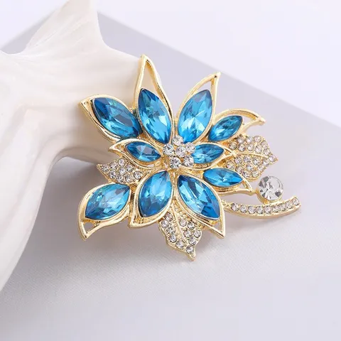 Elegant Gold Zinc Alloy Flower Brooch With Blue Rhinestone Gemstone Sparkling Crystals Dress Accessories For Women Wedding Party Jewelry