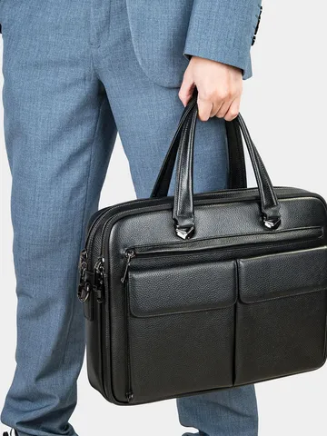 Men Genuine Leather Briefcase Laptop Bag Business Commuter Messenger Bag Handheld And Crossbody Bag