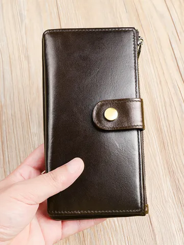 Dames Echt Lederen Lange Portemonnee Vintage Retro Clutch Kaarthouder Rits Drukknoop Handtas