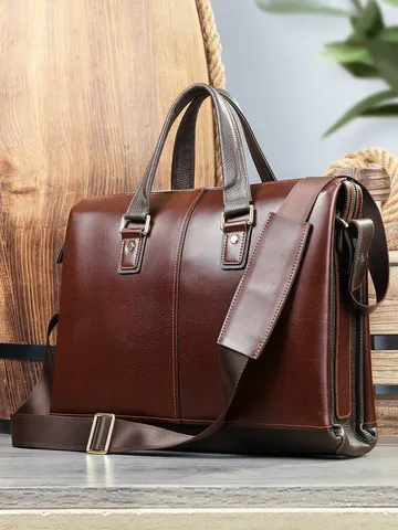 Men Business Briefcase Vintage Genuine Leather Laptop Bag Waterproof Wear Resistant Computer Bag Office Commuter Handbag