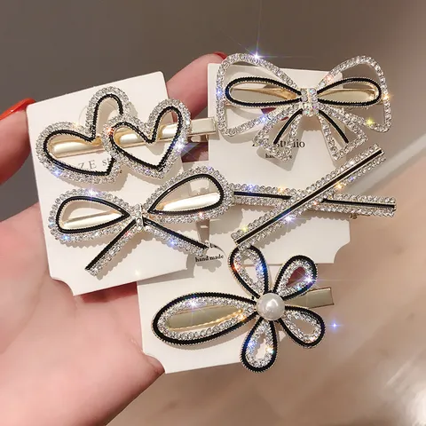 Koreaanse Stijl Strass Legering Strik Haarclip Voor Vrouwen Zoete Bloem Hart Patroon Snavelclip Elegante Haaraccessoires