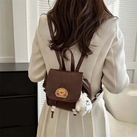 Women Fashion PU Leather Mini Backpack Vintage School Bag With Cartoon Dog Patch Plush Bear Pendant Drawstring Flap Backpack