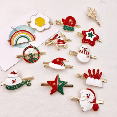 Kerst Geweite Haarspelden Voor Kinderen Vrouwen Legering Eendenbek Clips Kerstman Sneeuwpop Kerstboom Ster Feestelijke Haaraccessoires Hoofddeksels