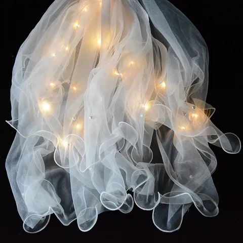 Accessorio Capelli Luminoso con Luci LED Velo a Doppio Strato Fiocco Rete con Perle Artificiali per Bambini Sposa Matrimonio Festa Decorazione