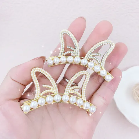 Koreaanse Stijl Legering Strass Kunstparel Kattenoren Strik Haarclip Voor Vrouwen Elegante Zomer Dagelijkse Zijden Haarnadeln Sieraden