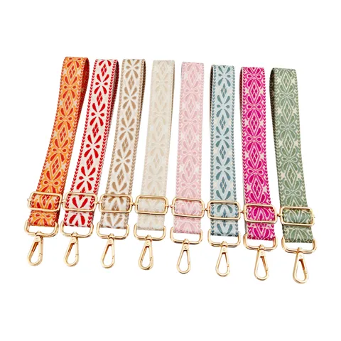 Wide Bag Strap Replacement Adjustable Crossbody Shoulder Strap Ethnic Embroidered Canvas Purse Strap With Gold Metal Hardware