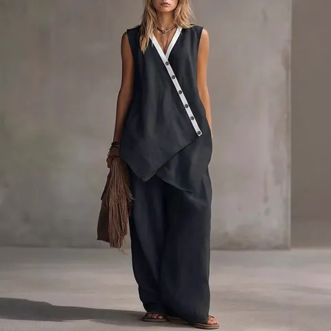 Conjunto Bohemio Cuello en V Chaleco con Botones Irregulares y Pantalones de Pierna Ancha Top And Bottom Mujer Verano Casual Algodón