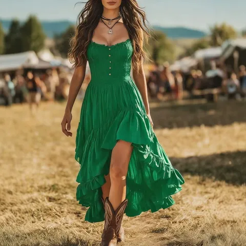 Vestido Bohemio Retro de Poliéster Fruncido Sin Tirantes Para Mujer Elegante Dobladillo Irregular Con Volantes Color Sólido Vestido Largo Maxi Para Fiesta Vacaciones