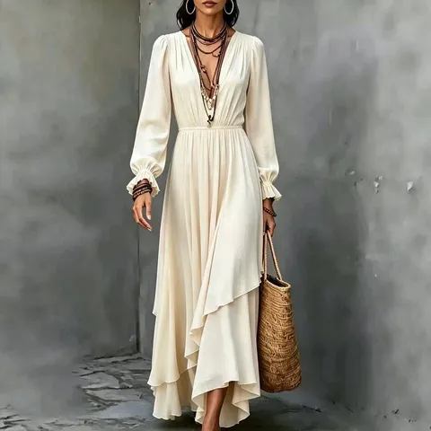 Vestido Largo Casual para Mujer de Manga Larga con Cuello en V Bohemio Color Sólido Volantes Irregulares Gasa