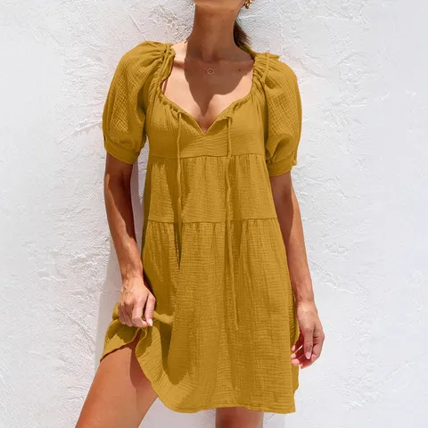 Vestido Midi Holgado Casual de Verano para Mujer Cuello en V Manga Abullonada Cordón Color Sólido Línea A Elegante Vacaciones Playa
