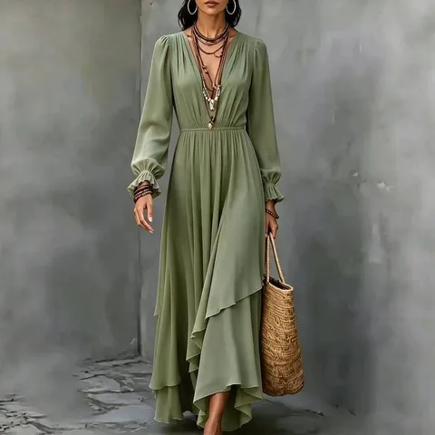 Vestido Largo Casual para Mujer de Manga Larga con Cuello en V Bohemio Color Sólido Volantes Irregulares Gasa